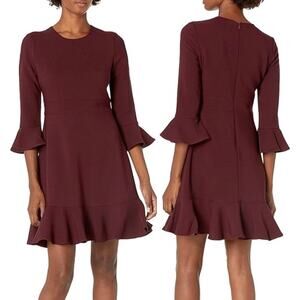 Eliza J Bell Sleeve Fit and Flare Dress In Wine Burgundy Size 16 New